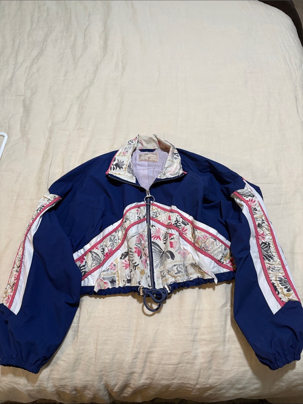 We The Free Navy Bomber Jacket with Floral Panels and Pink Trim